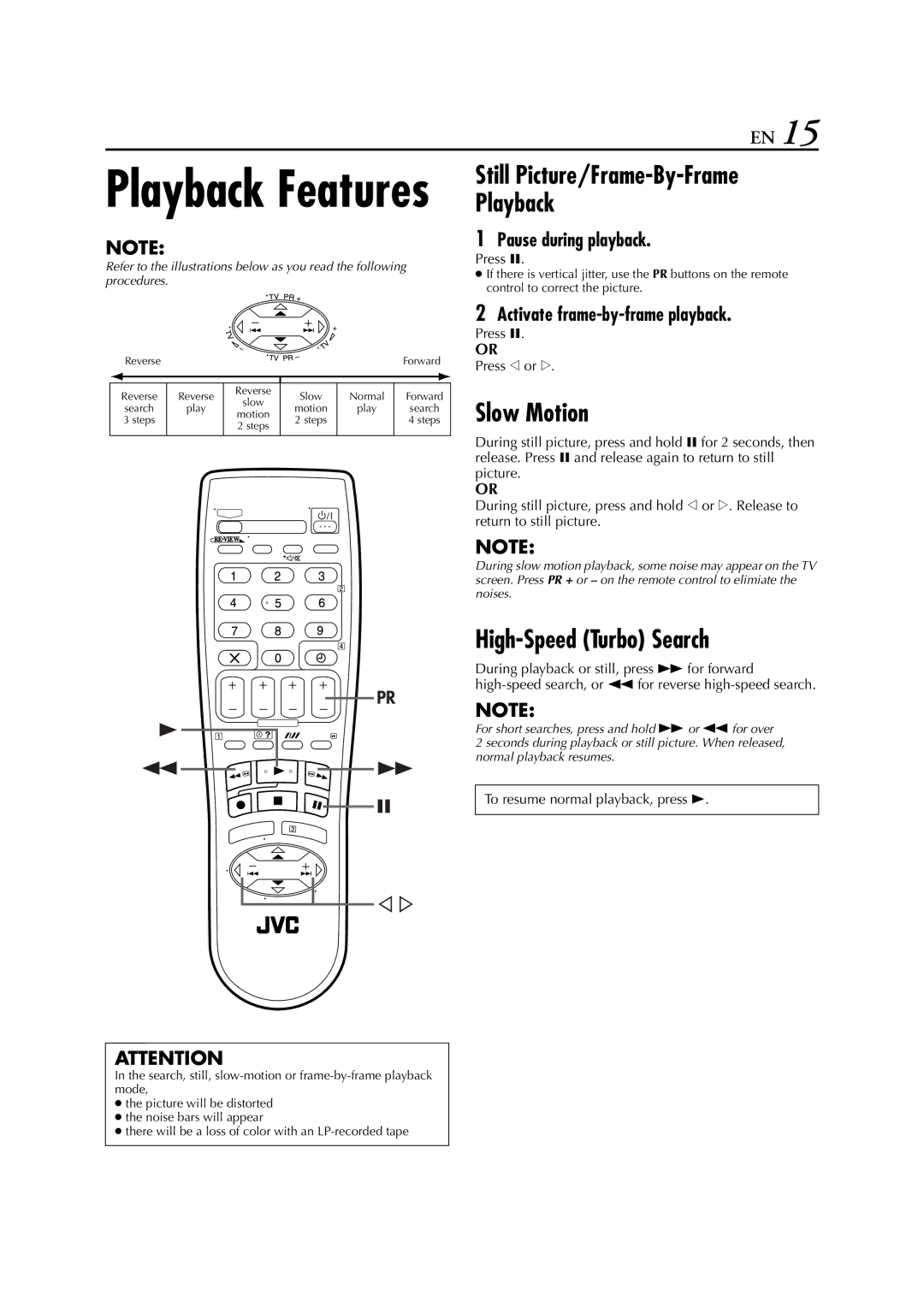 JVC 0302MNV*ID*JVE Slow Motion, High-Speed Turbo Search, Pause during playback, Activate frame-by-frame playback 