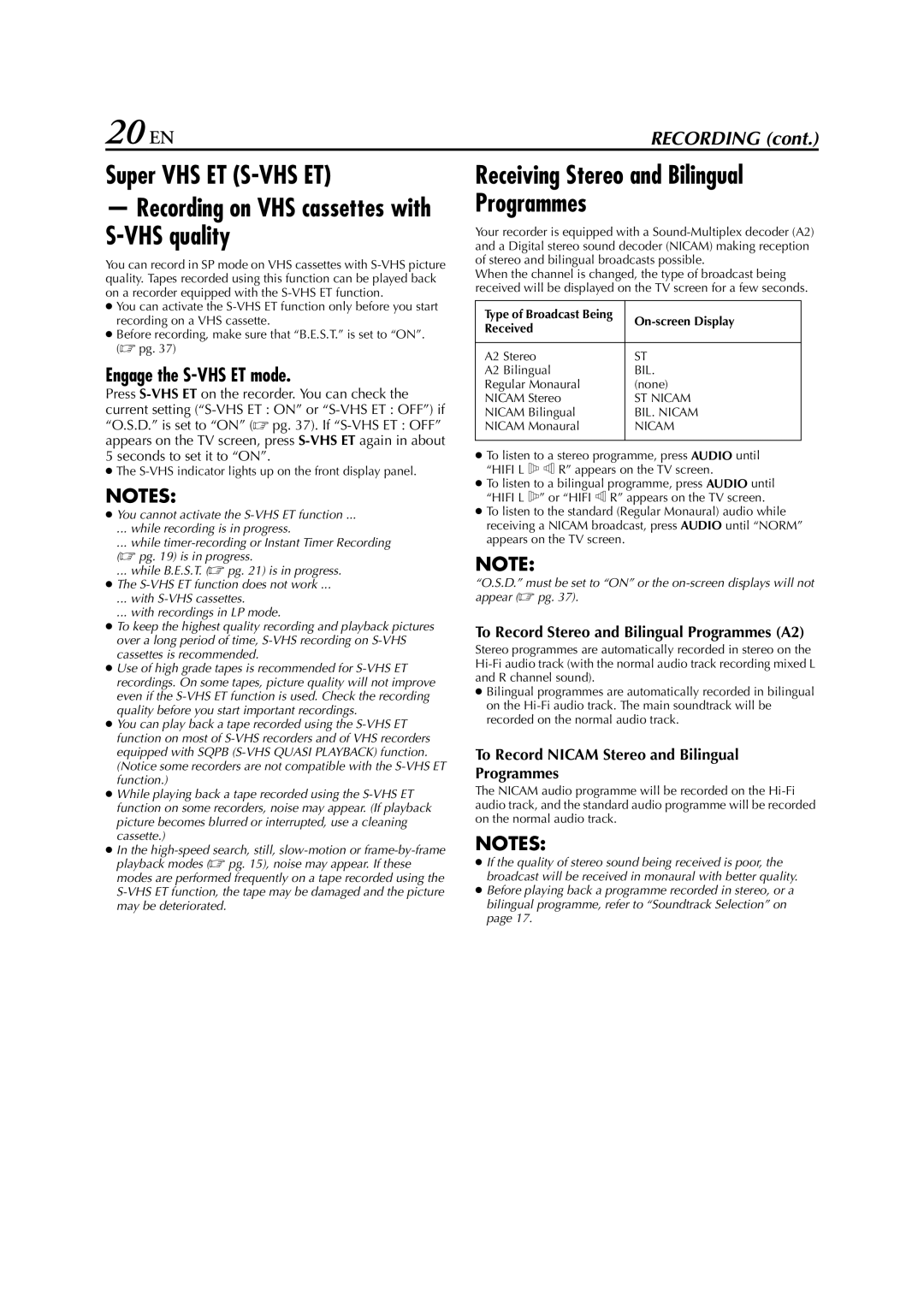 JVC LPT0649-001B 20 EN, Super VHS ET S-VHS ET, Receiving Stereo and Bilingual Programmes, Engage the S-VHS ET mode 