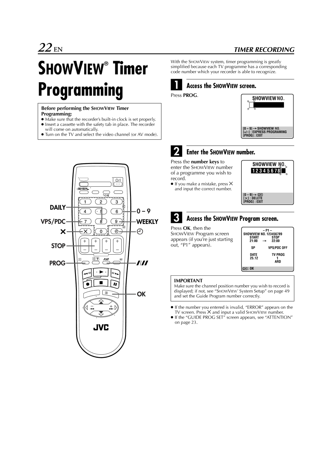 JVC LPT0649-001B 22 EN, Access the Showview screen, Enter the Showview number, Access the Showview Program screen 