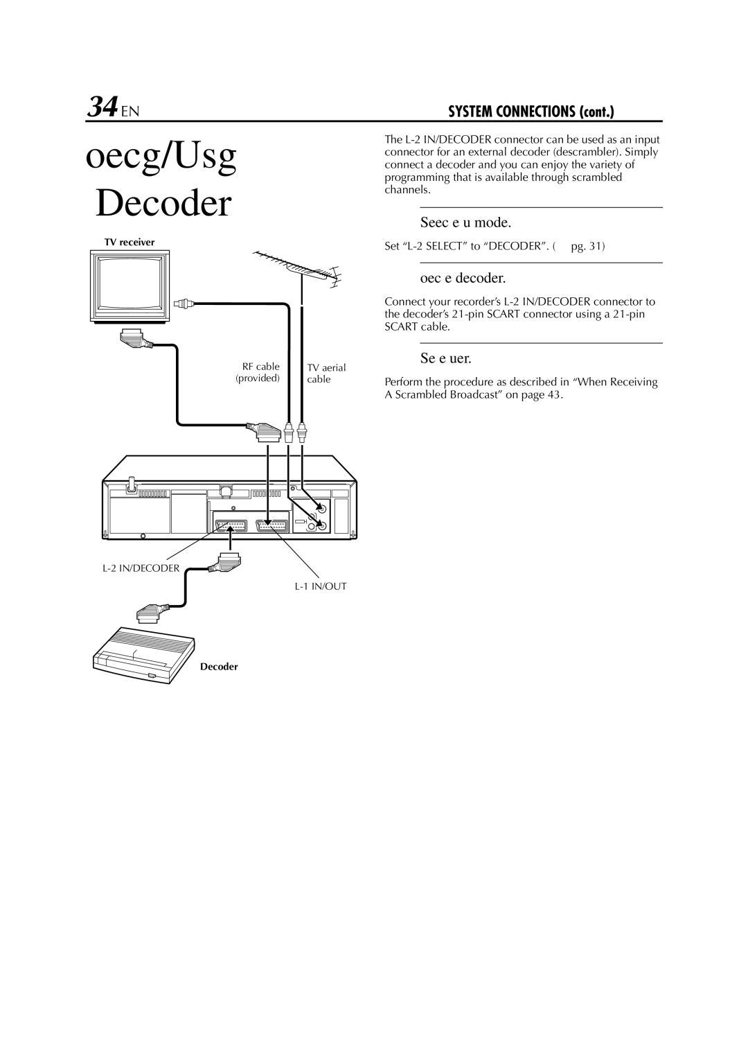 JVC LPT0649-001B 34 EN, Select the input mode, Connect the decoder, Set the tuner, Set L-2 Select to DECODER. pg 