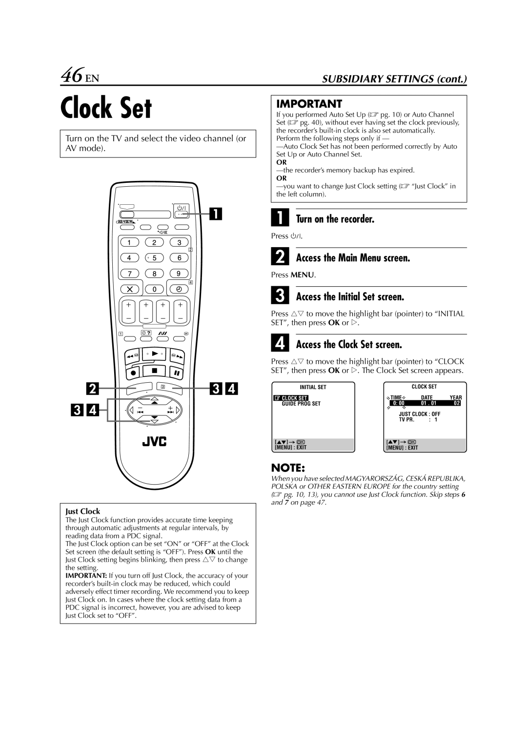 JVC LPT0649-001B, 0302MNV*ID*JVE specifications 46 EN, Access the Initial Set screen, Access the Clock Set screen 