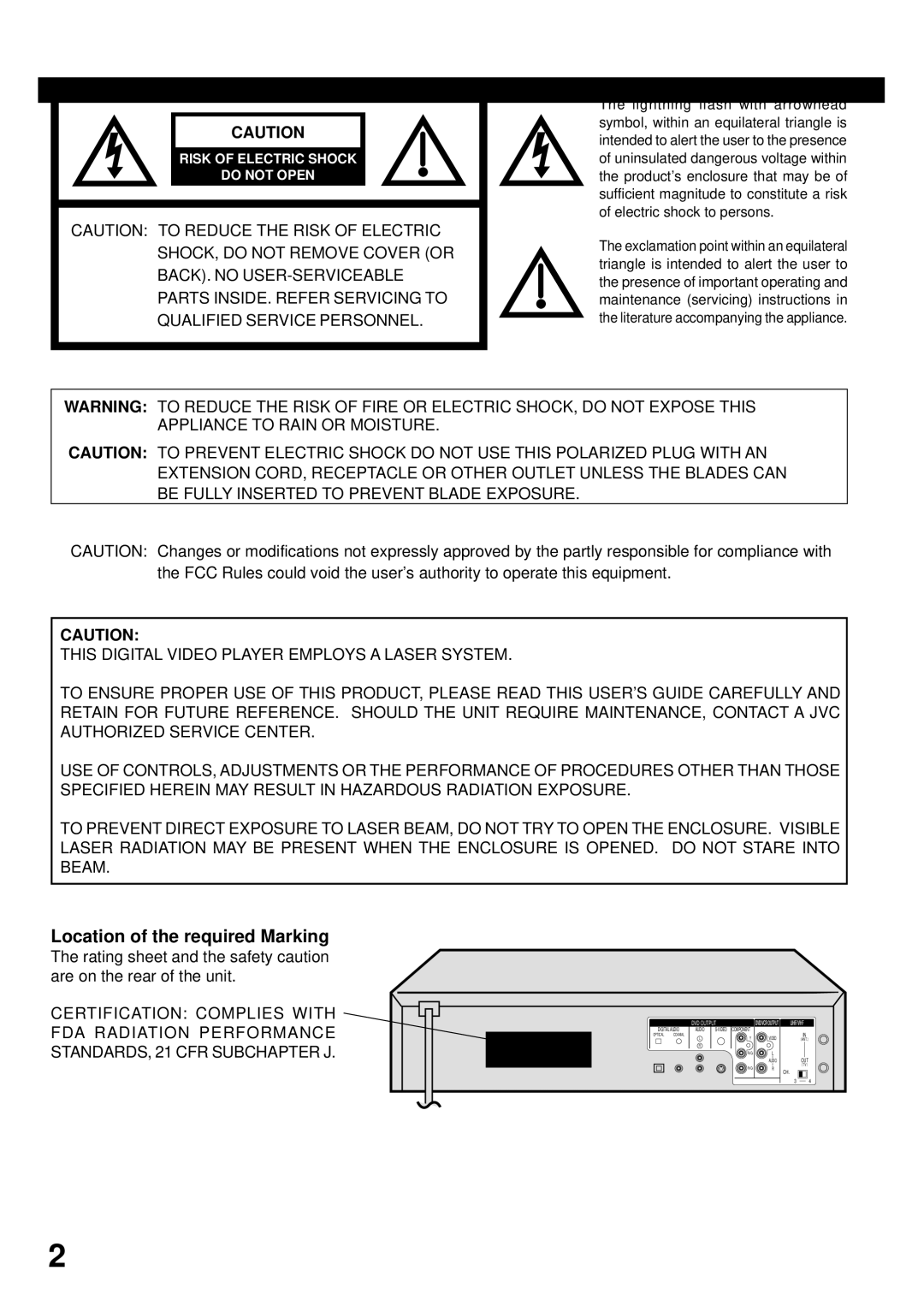 JVC LPT0674-001B manual Location of the required Marking, Risk of Electric Shock Do not Open 