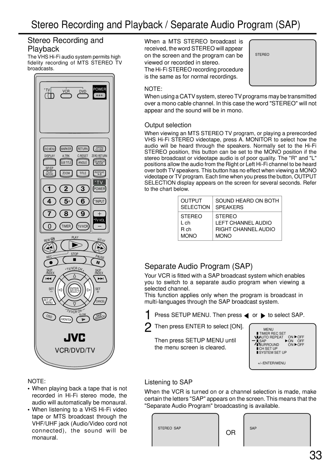 JVC LPT0674-001B manual Stereo Recording and Playback, Separate Audio Program SAP, Output selection, Listening to SAP 