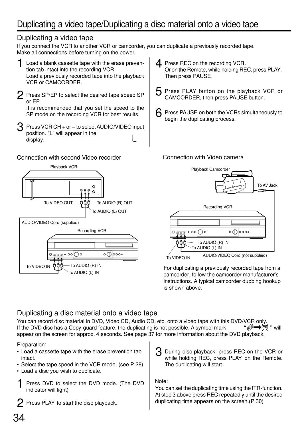 JVC LPT0674-001B Duplicating a video tape, Duplicating a disc material onto a video tape, Connection with Video camera 