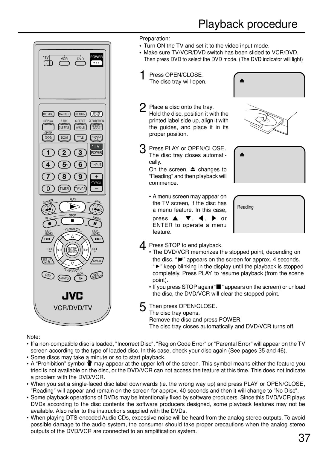 JVC LPT0674-001B manual Playback procedure, Press OPEN/CLOSE 