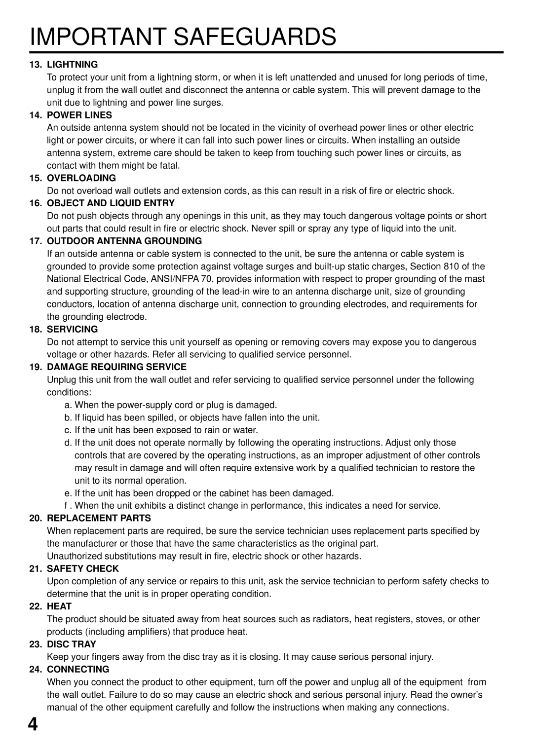 JVC LPT0674-001B manual Lightning, Power Lines, Overloading, Object and Liquid Entry, Outdoor Antenna Grounding, Servicing 