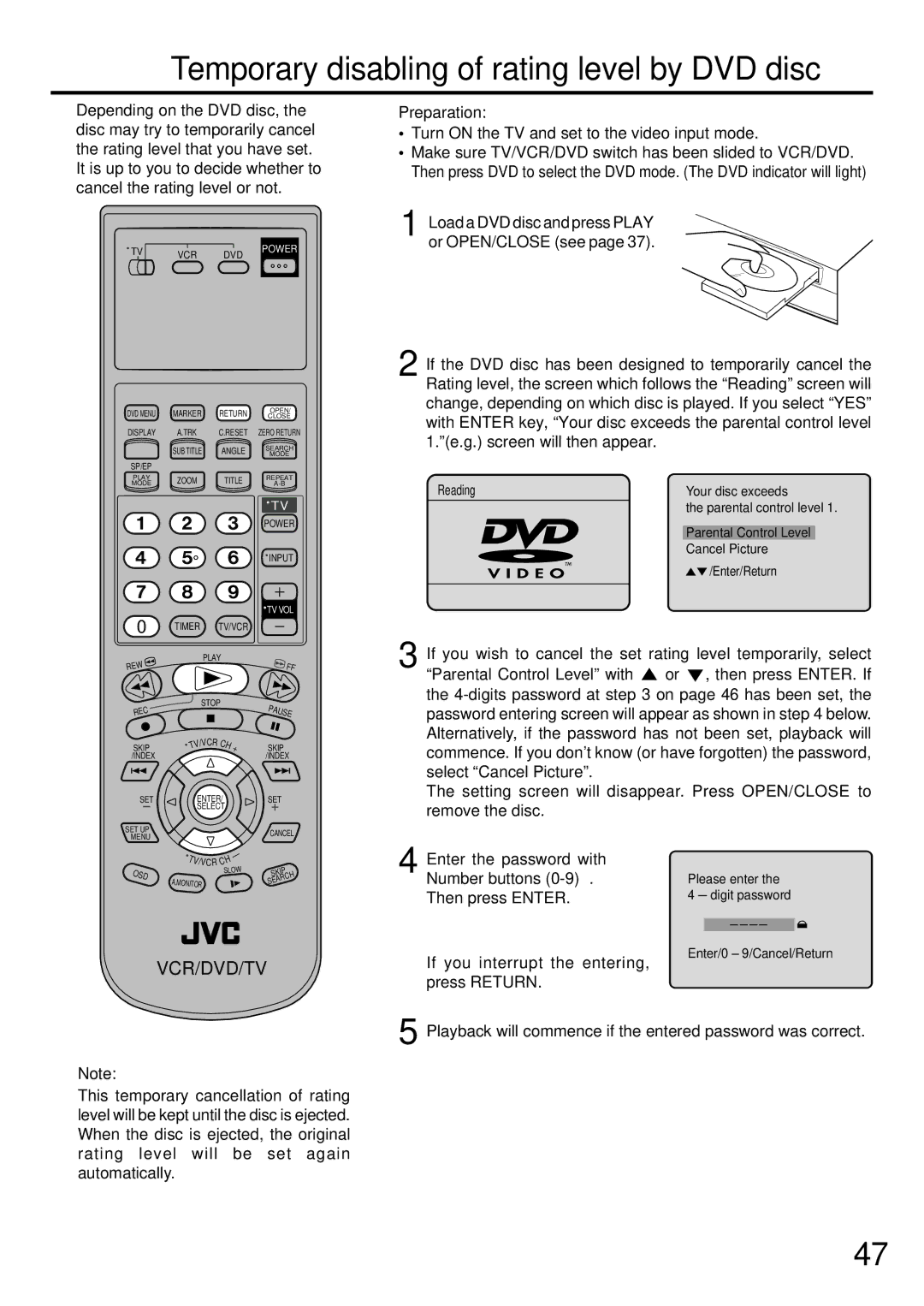 JVC LPT0674-001B manual Temporary disabling of rating level by DVD disc 