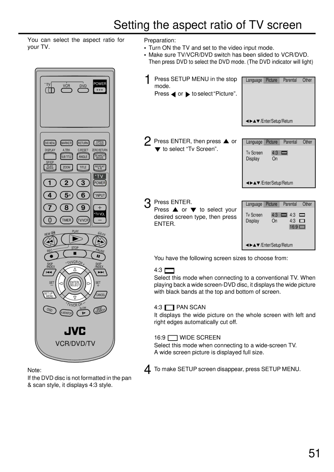 JVC LPT0674-001B Setting the aspect ratio of TV screen, You can select the aspect ratio for your TV Preparation, PAN Scan 