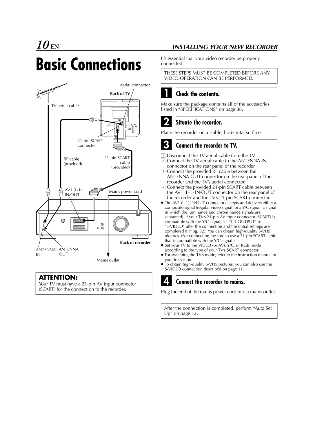 JVC LPT0678-001A specifications 10 EN, Check the contents, Situate the recorder, Connect the recorder to TV 