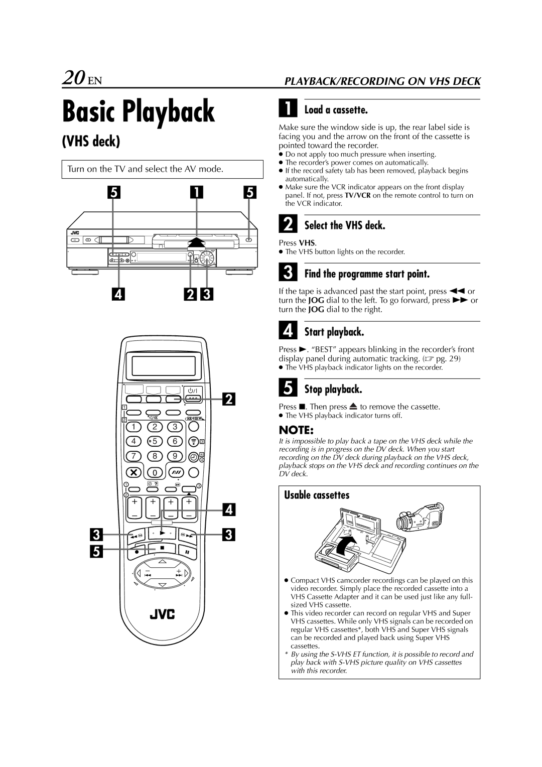 JVC LPT0678-001A specifications Basic Playback, 20 EN, VHS deck 