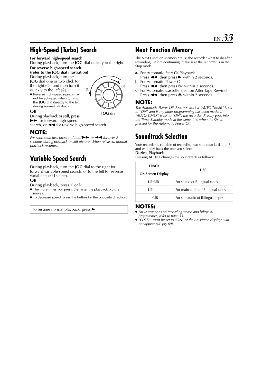 JVC LPT0678-001A specifications For forward high-speed search, During playback, turn the JOG dial quickly to the right 