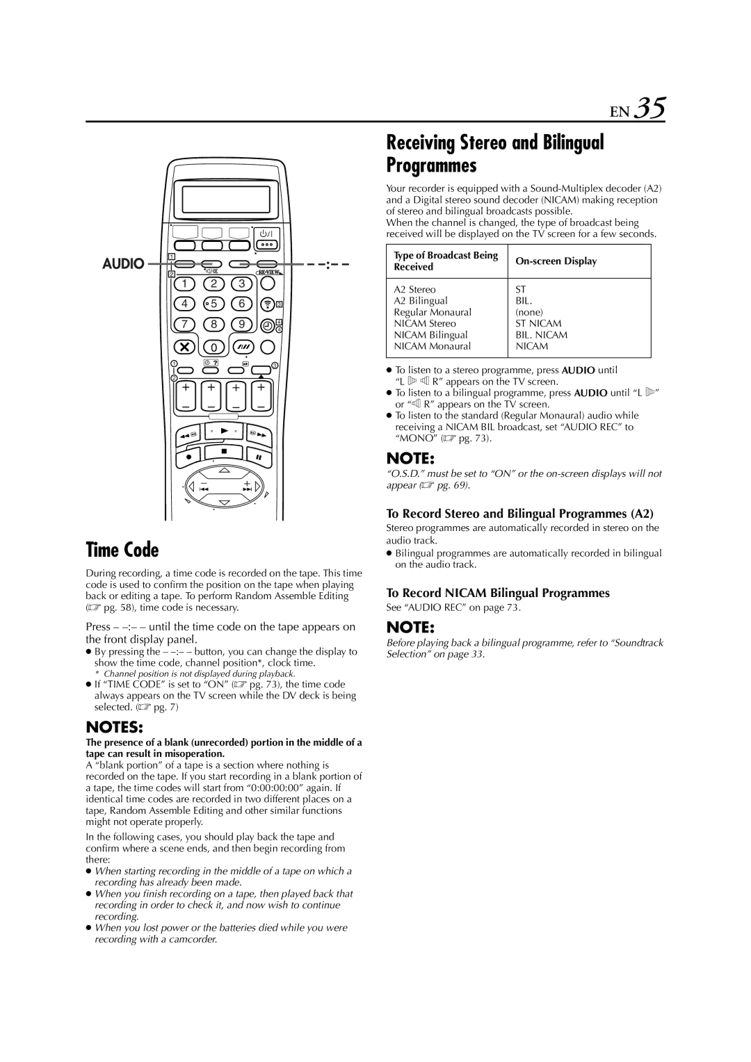 JVC LPT0678-001A specifications Time Code, See Audio REC on 