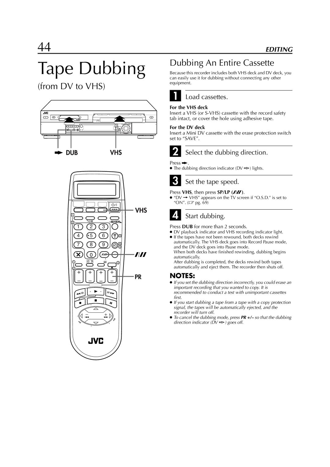 JVC LPT0678-001A specifications Tape Dubbing, 44 EN, From DV to VHS Dubbing An Entire Cassette 