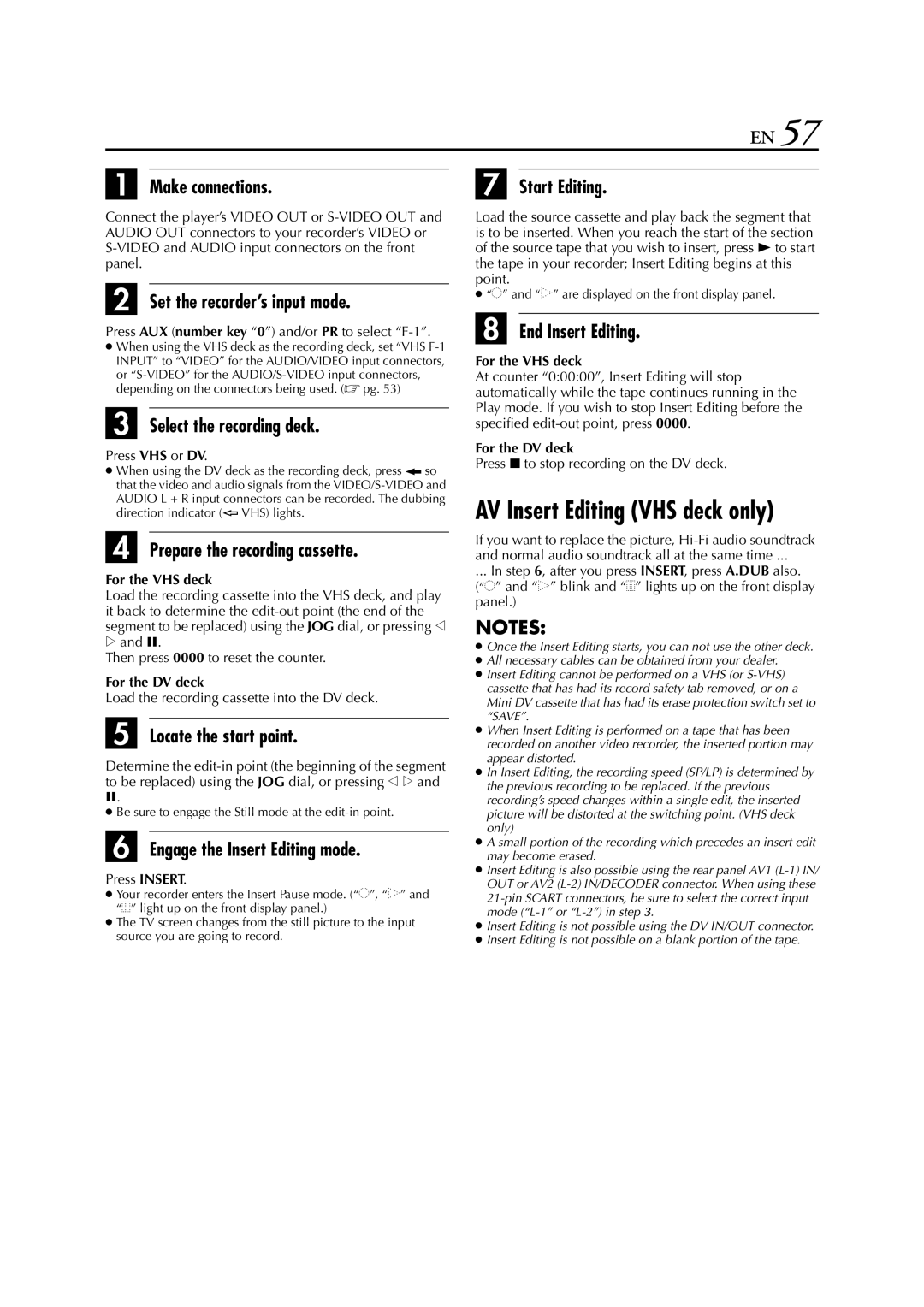 JVC LPT0678-001A AV Insert Editing VHS deck only, Prepare the recording cassette, Engage the Insert Editing mode 