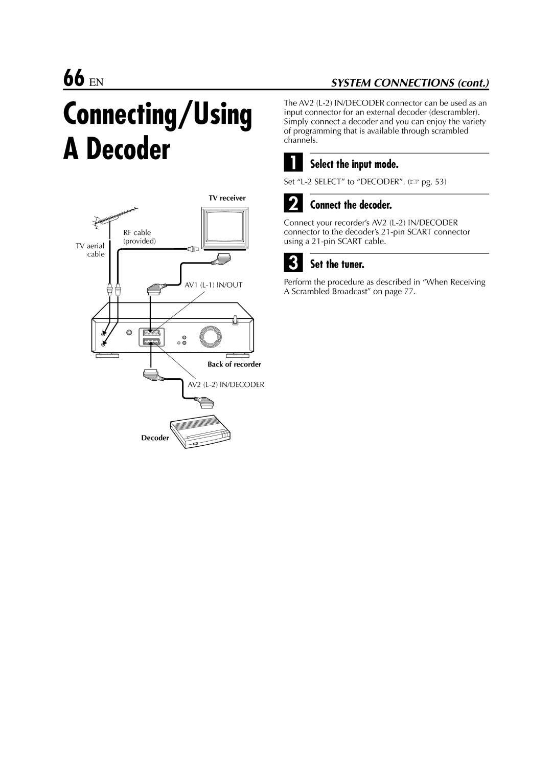 JVC LPT0678-001A 66 EN, Select the input mode, Connect the decoder, Set the tuner, Set L-2 Select to DECODER.  pg 