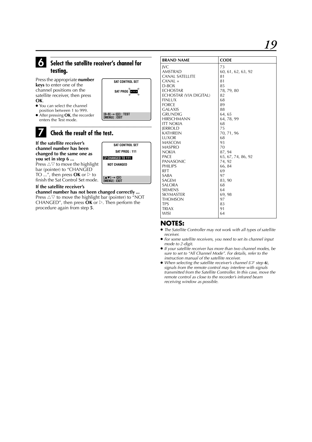 JVC LPT0679-001A specifications Select the satellite receiver’s channel for testing, Check the result of the test 