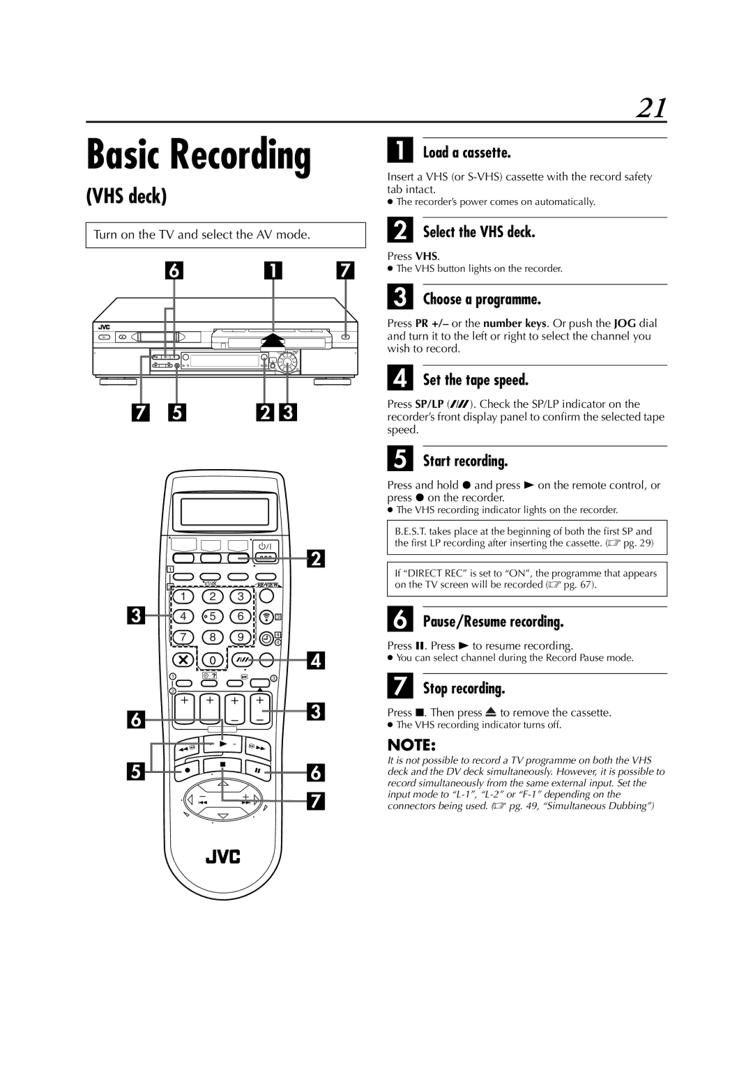 JVC LPT0679-001A Choose a programme, Set the tape speed, Start recording, Pause/Resume recording, Stop recording 