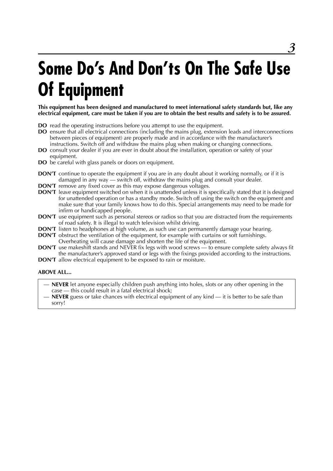 JVC LPT0679-001A specifications Some Do’s And Don’ts On The Safe Use Of Equipment, Above ALL 