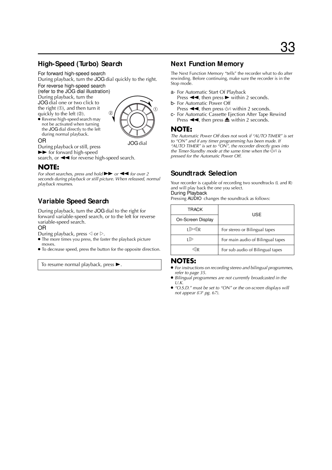 JVC LPT0679-001A specifications For forward high-speed search, During playback, turn the JOG dial quickly to the right 