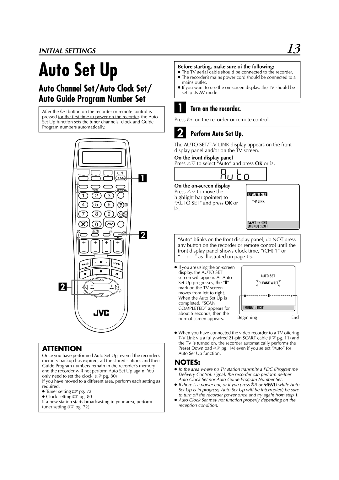 JVC LPT0679-001B specifications Turn on the recorder, Perform Auto Set Up, Before starting, make sure of the following 