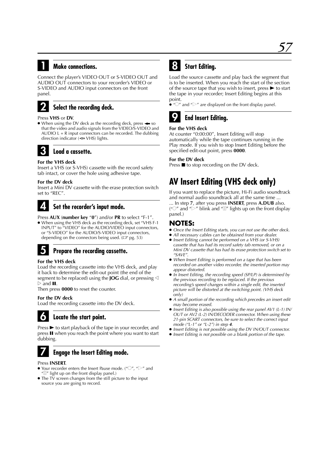 JVC LPT0679-001B AV Insert Editing VHS deck only, Prepare the recording cassette, Engage the Insert Editing mode 