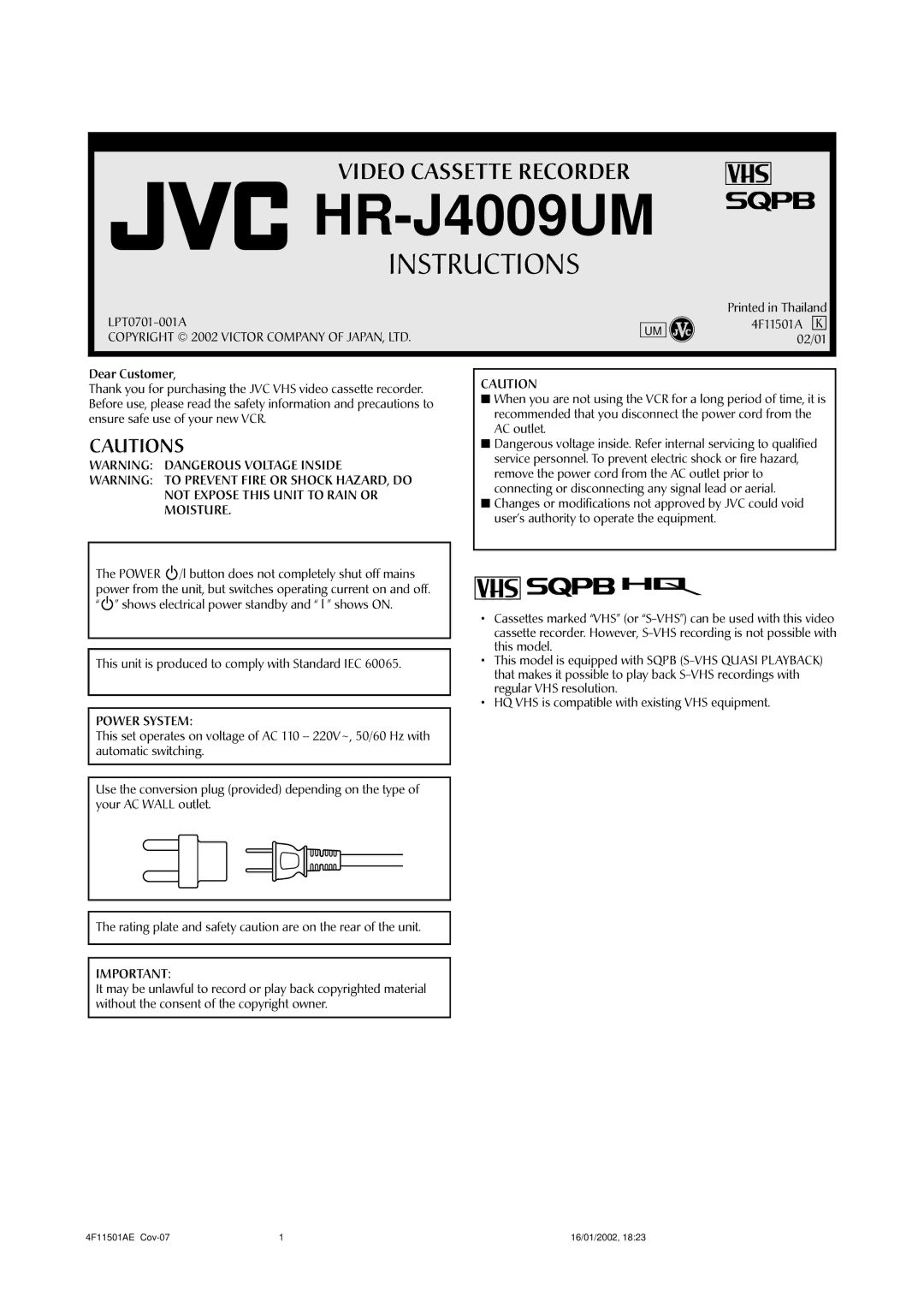 JVC LPT0701-001A manual HR-J4009UM 