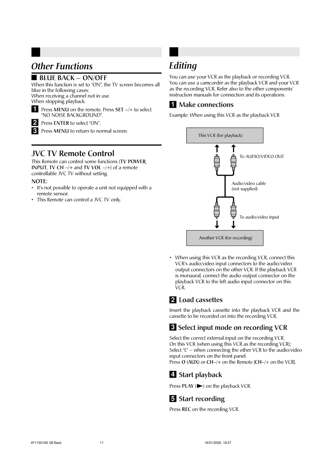 JVC LPT0701-001A manual Other Functions, Editing 