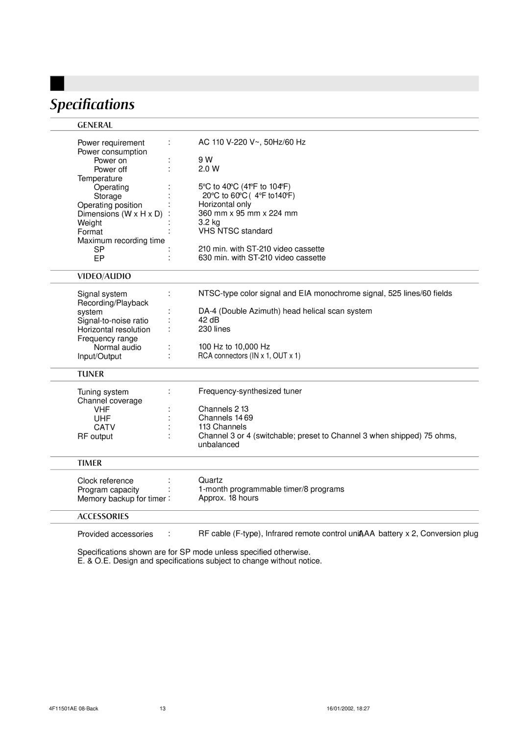 JVC LPT0701-001A manual Specifications 