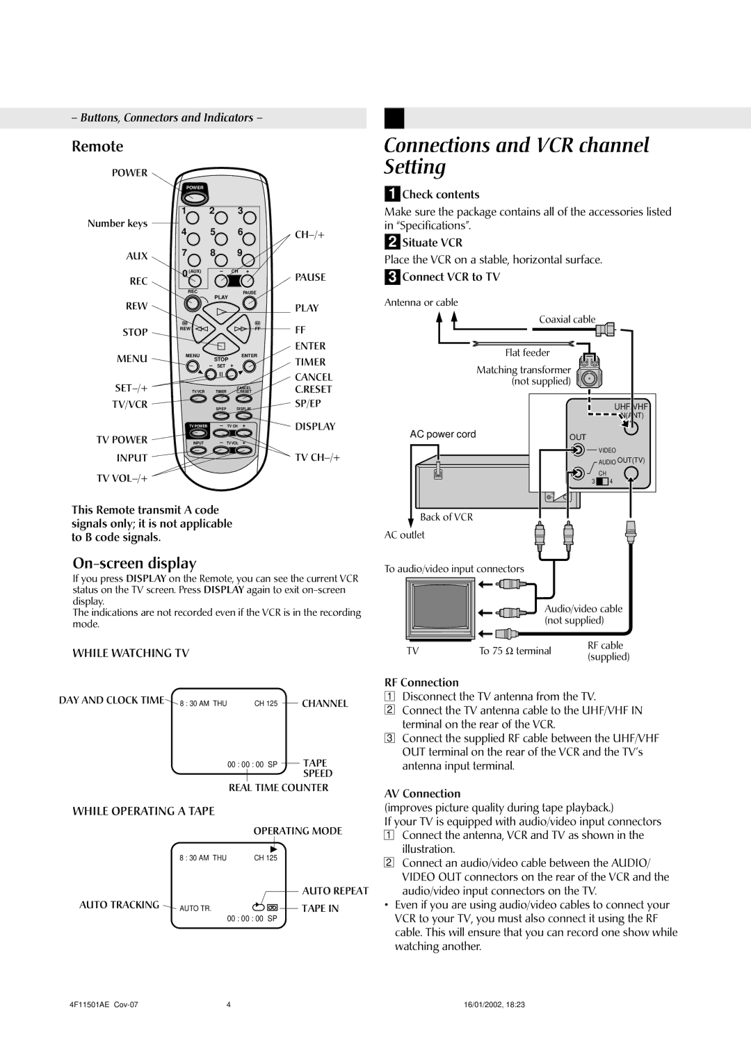 JVC LPT0701-001A Connections and VCR channel Setting, Remote, On-screen display, While Watching TV, While Operating a Tape 