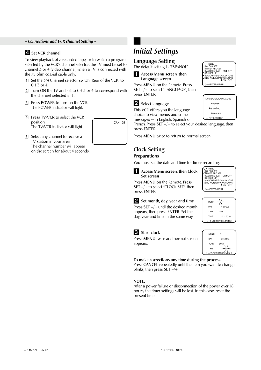 JVC LPT0701-001A manual Initial Settings, Language Setting, Clock Setting, Preparations 