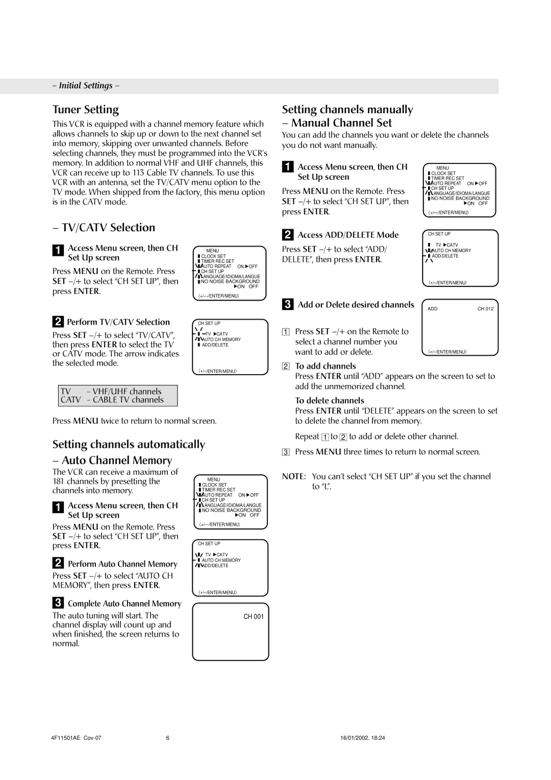 JVC LPT0701-001A Tuner Setting, Setting channels manually Manual Channel Set, TV/CATV Selection, Auto Channel Memory 