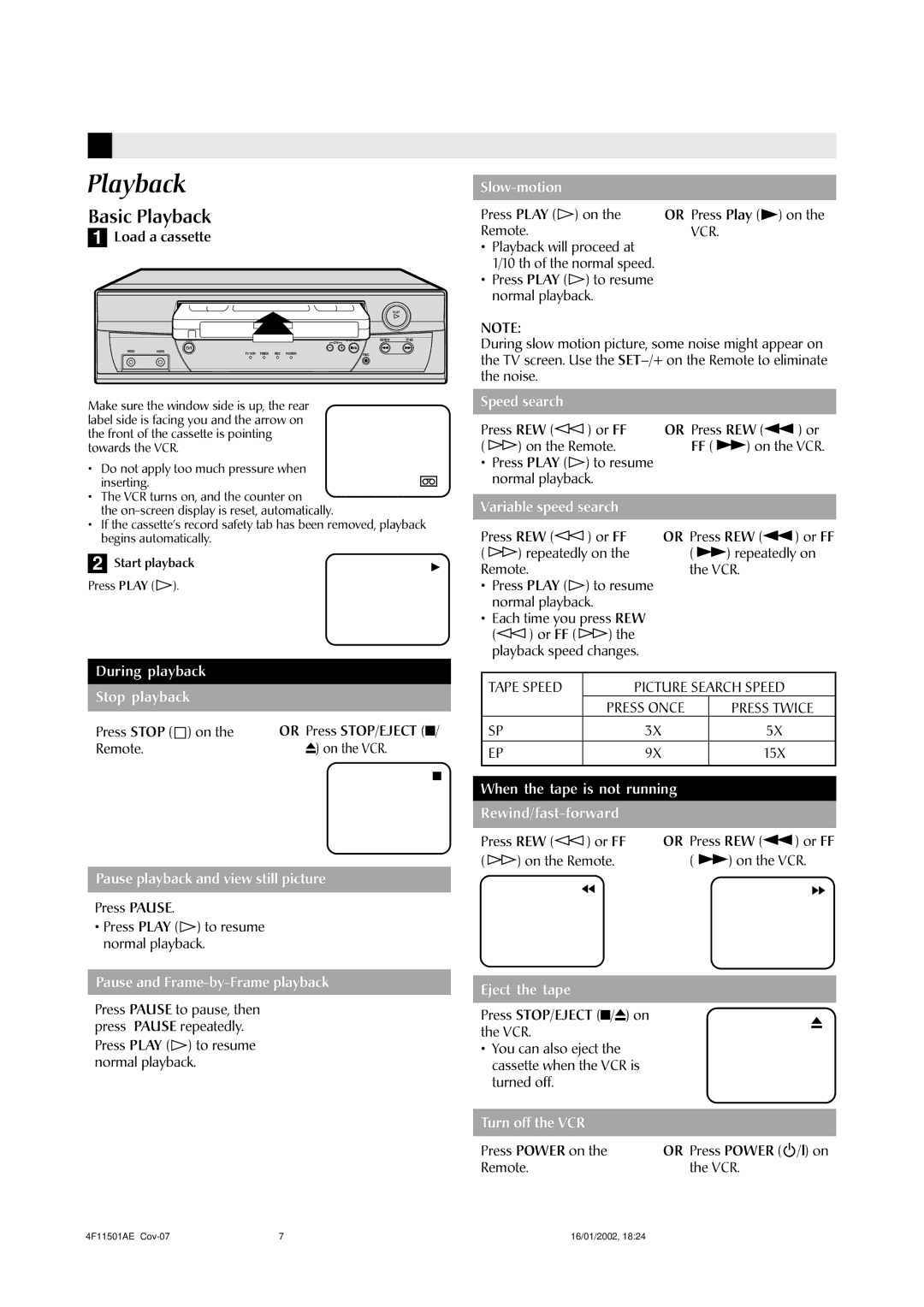 JVC LPT0701-001A manual Basic Playback, Vcr, Tape Speed Picture Search Speed Press Once Press Twice 