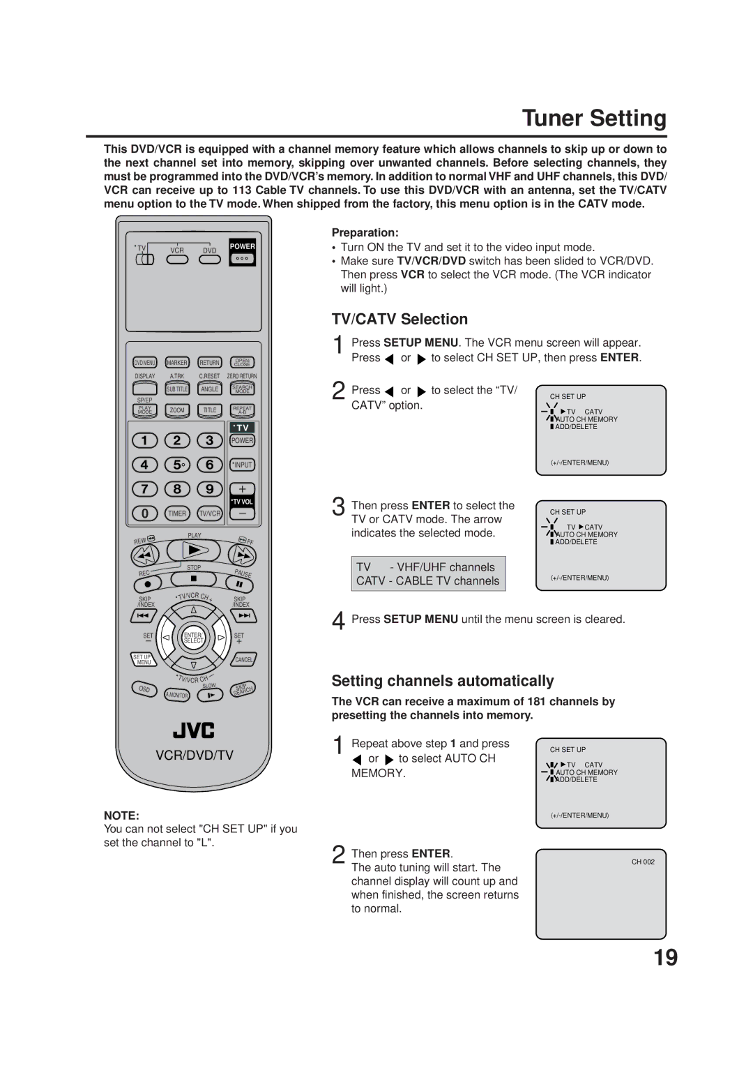 JVC 2B00401C, LPT0719-001A manual Tuner Setting, Turn on the TV and set it to the video input mode, Will light, Memory 