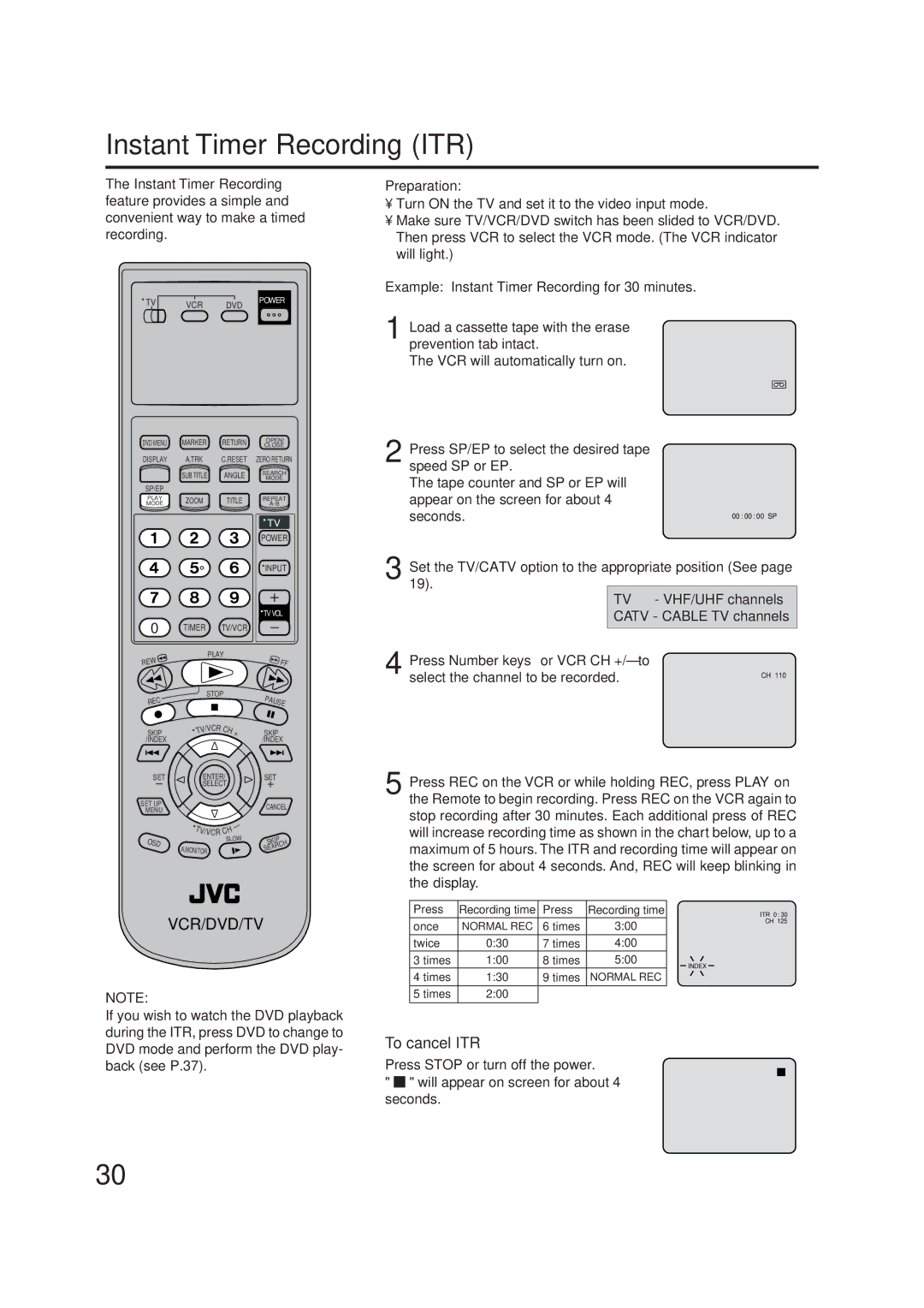 JVC LPT0719-001A, 2B00401C manual Instant Timer Recording ITR, To cancel ITR, Press Number keys or VCR CH +/-to 