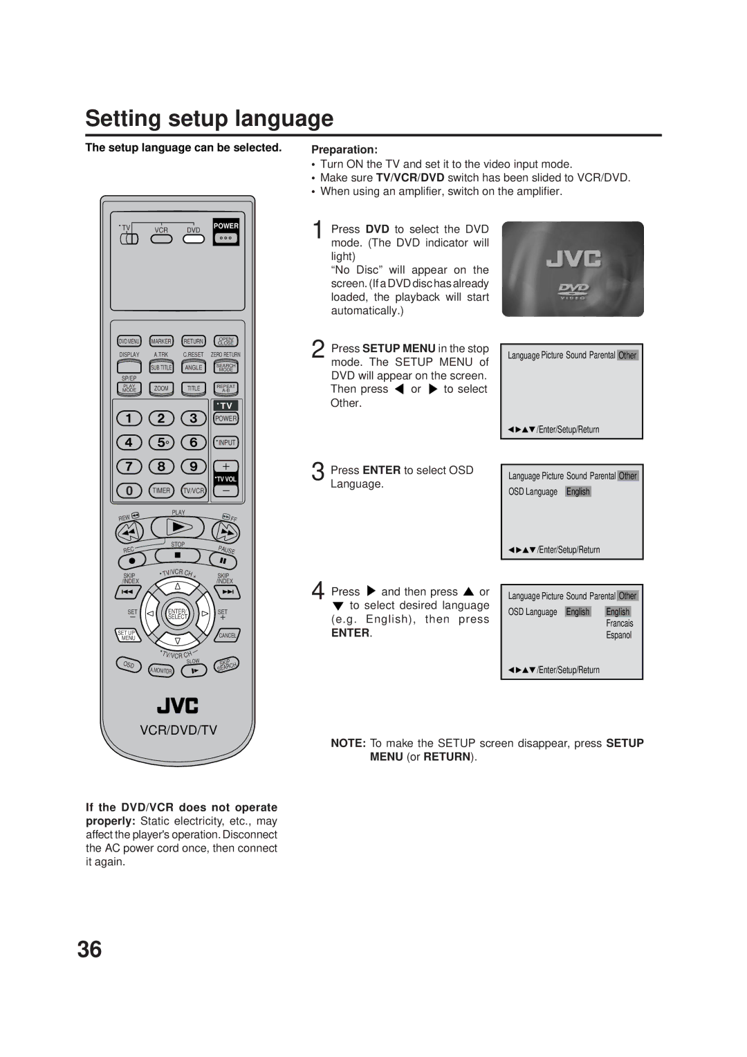 JVC LPT0719-001A, 2B00401C manual Setting setup language, Setup language can be selected Preparation 