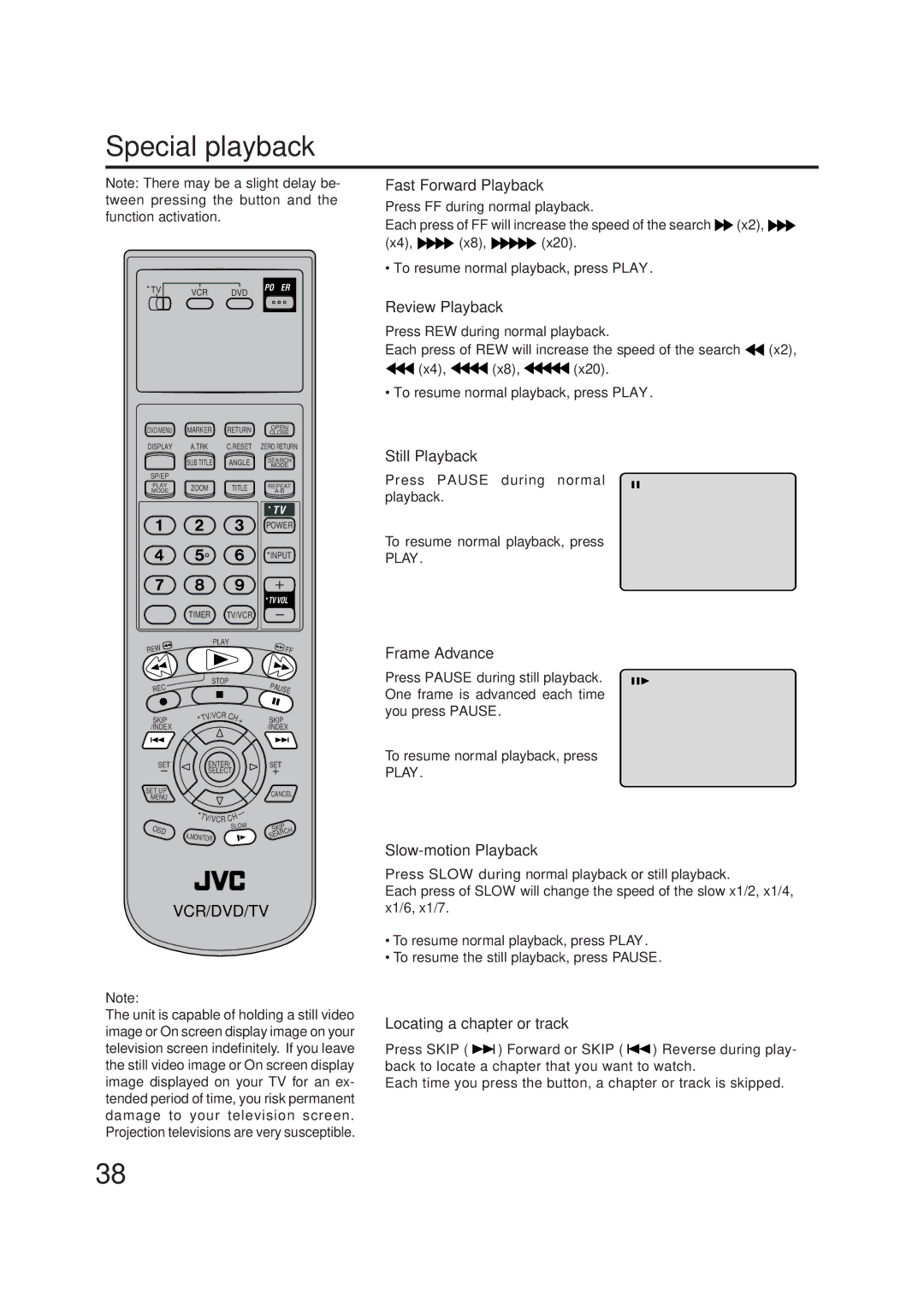 JVC LPT0719-001A, 2B00401C Fast Forward Playback, Review Playback, Still Playback, Frame Advance, Slow-motion Playback 