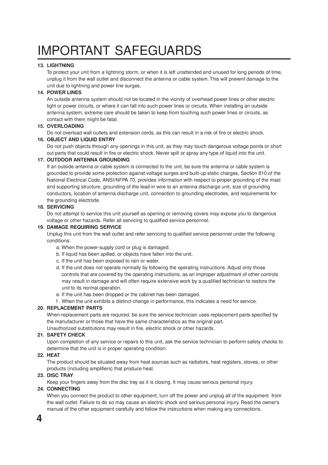 JVC LPT0719-001A manual Lightning, Power Lines, Overloading, Object and Liquid Entry, Outdoor Antenna Grounding, Servicing 