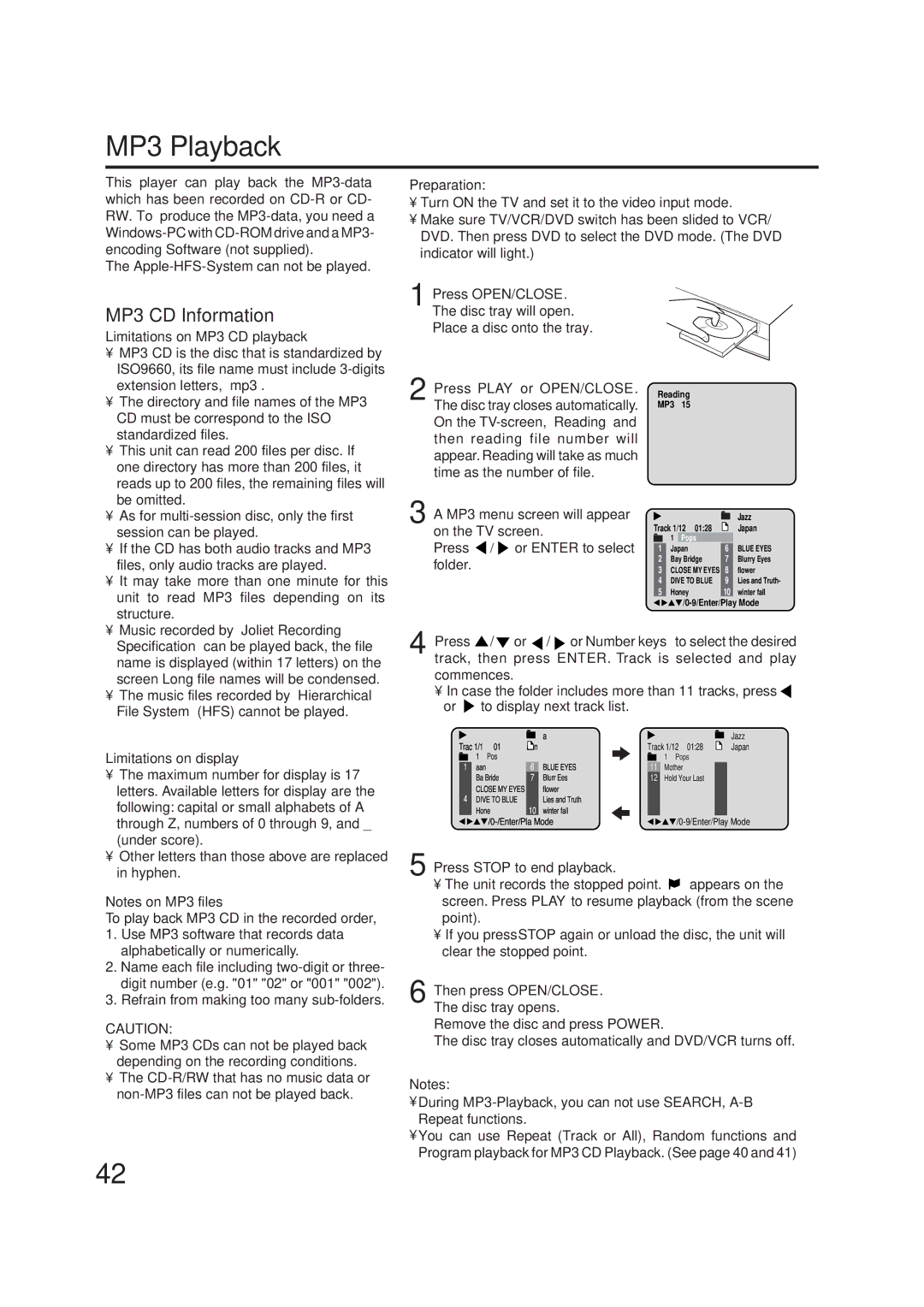 JVC LPT0719-001A, 2B00401C manual MP3 Playback, MP3 CD Information, Limitations on MP3 CD playback, Limitations on display 