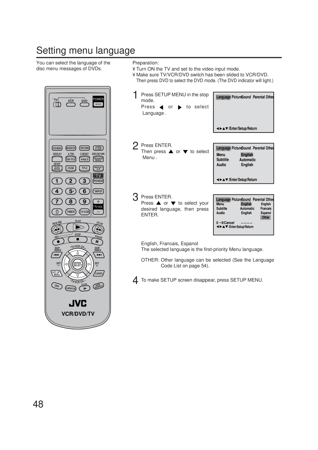 JVC LPT0719-001A, 2B00401C manual Setting menu language, English, Francais, Espanol 