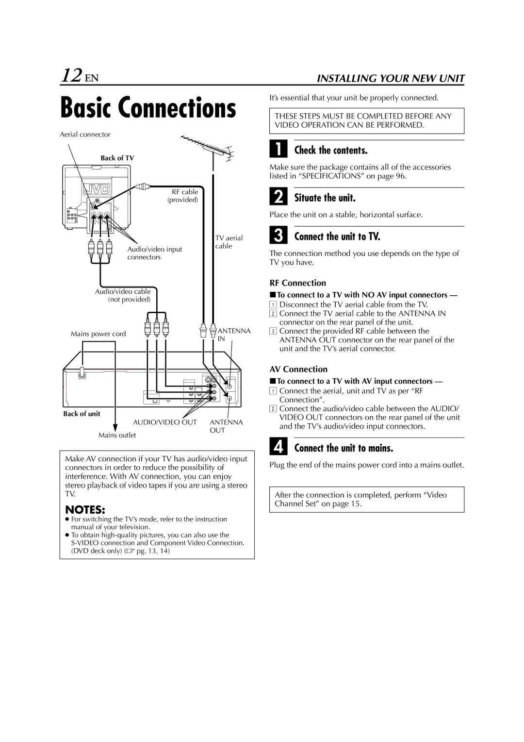 JVC LPT0762-001B manual 12 EN, Check the contents, Situate the unit, Connect the unit to TV, Connect the unit to mains 