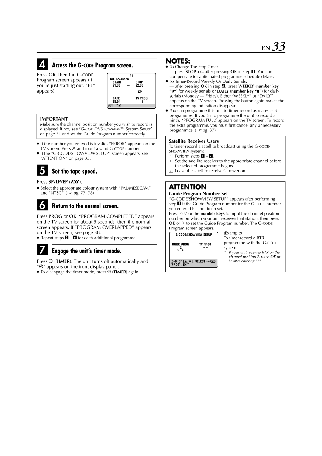 JVC HR-XVS20AA, LPT0762-001B manual Access the G-CODEProgram screen, Engage the unit’s timer mode, Satellite Receiver Users 