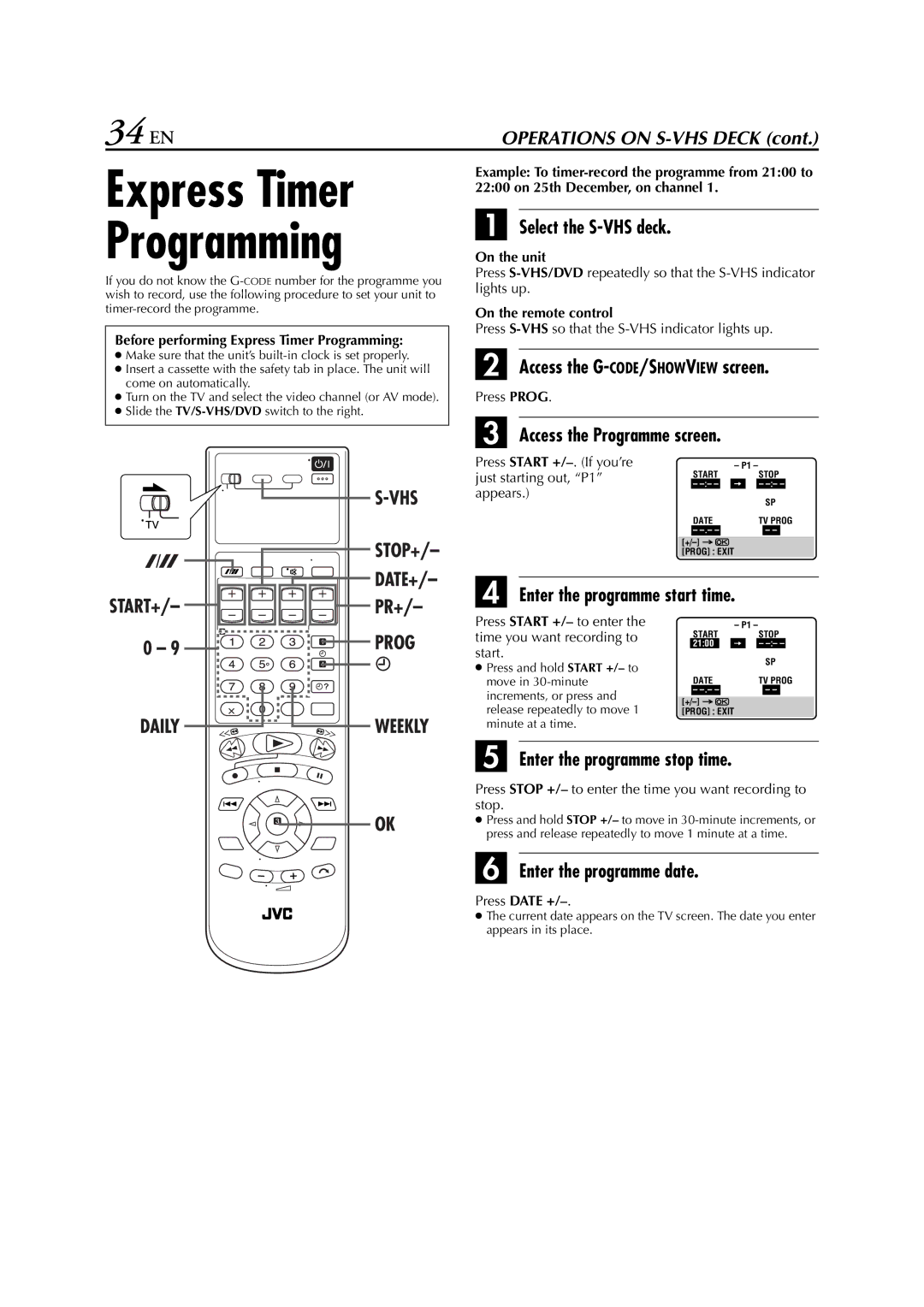 JVC LPT0762-001B, HR-XVS20AA manual Express Timer Programming, 34 EN 