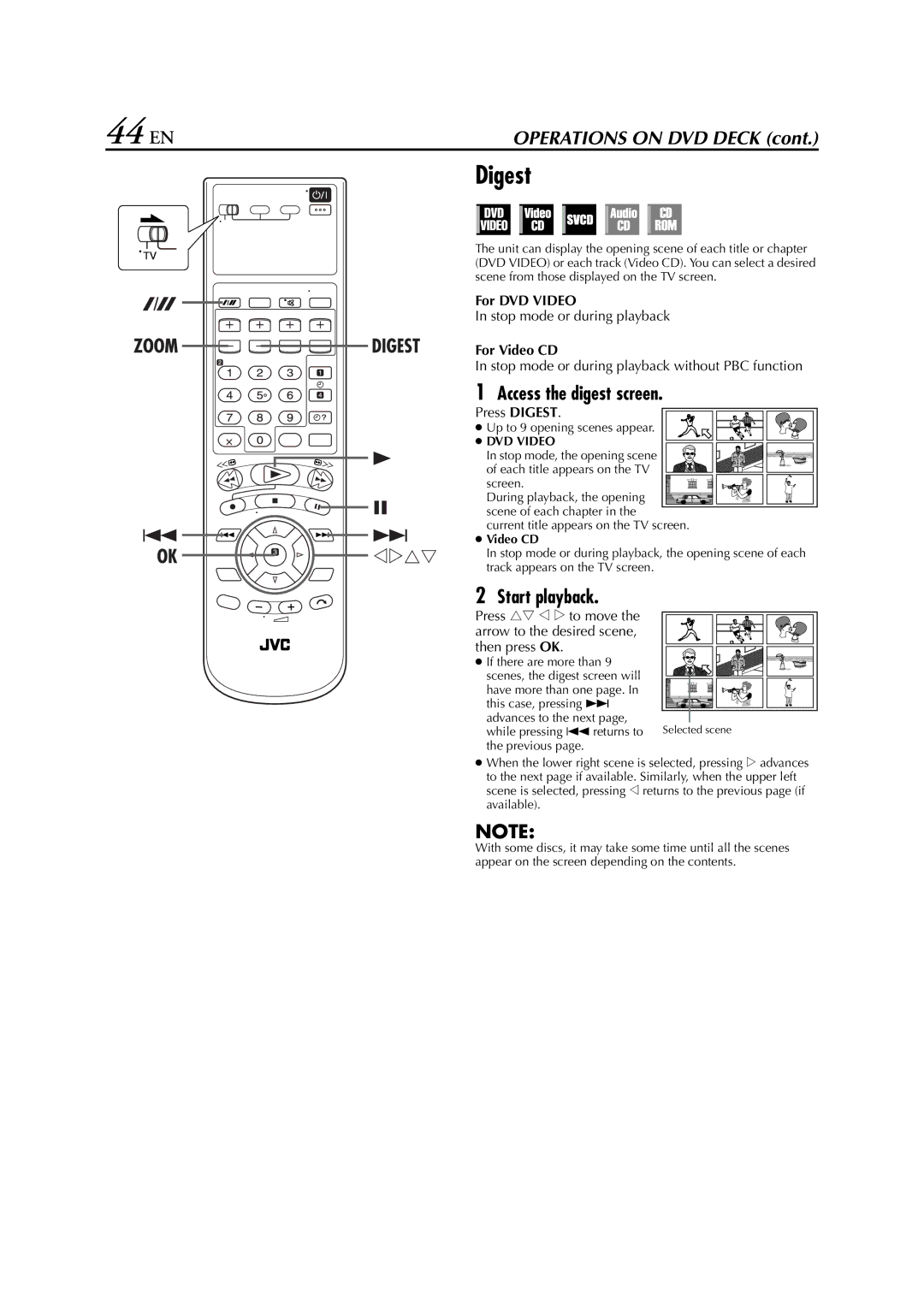 JVC LPT0762-001B, HR-XVS20AA manual 44 EN, Digest, Access the digest screen, For DVD Video, For Video CD 