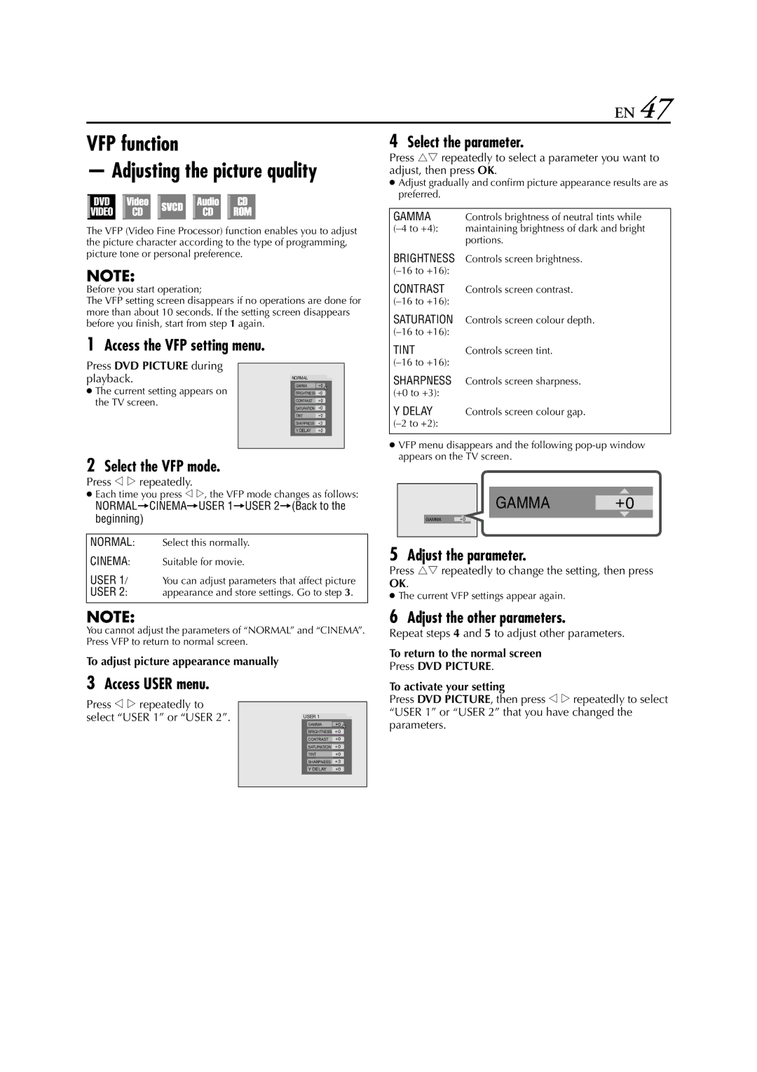 JVC HR-XVS20AA, LPT0762-001B manual VFP function Adjusting the picture quality 