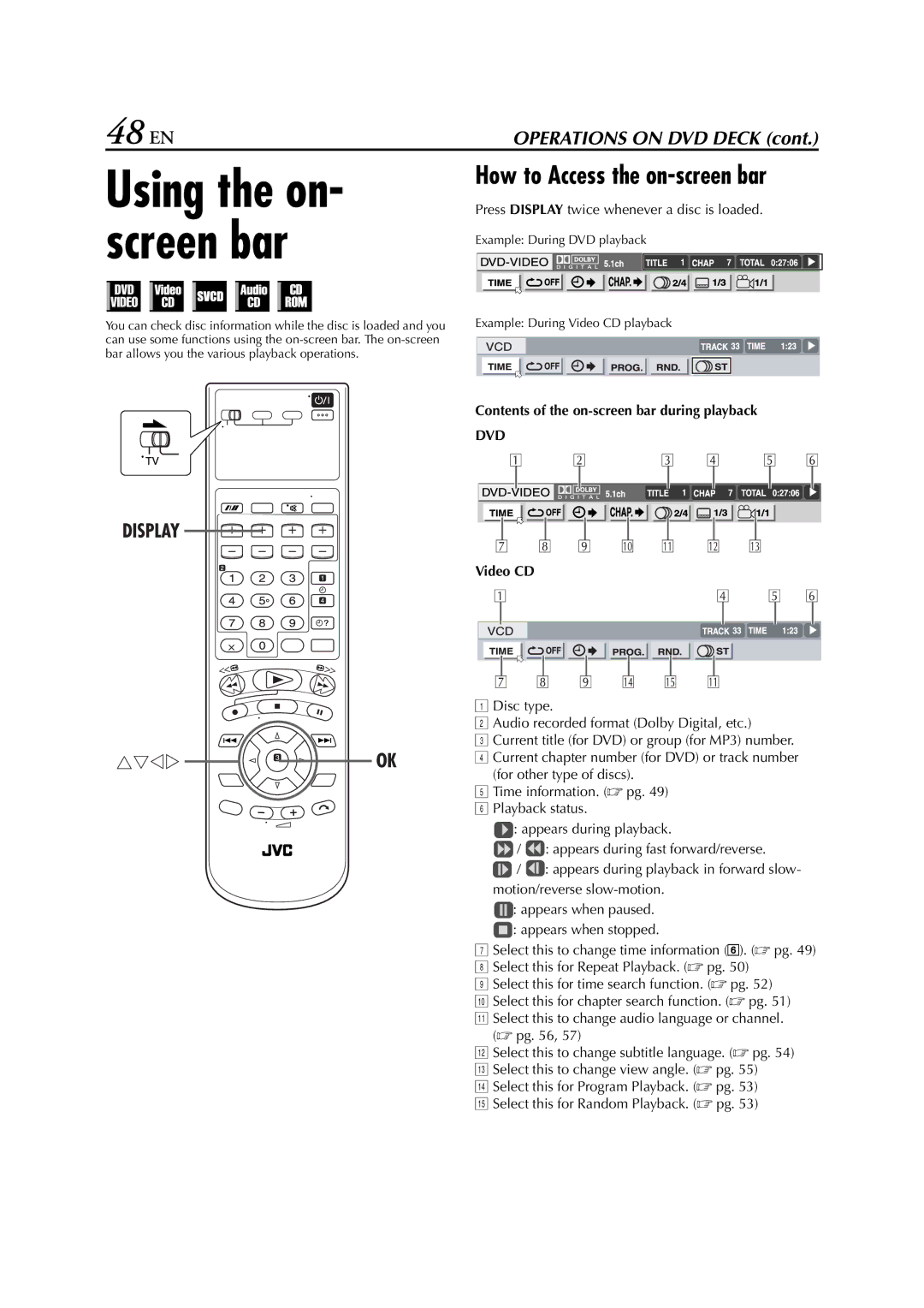 JVC LPT0762-001B manual 48 EN, Press Display twice whenever a disc is loaded, Contents of the on-screen bar during playback 