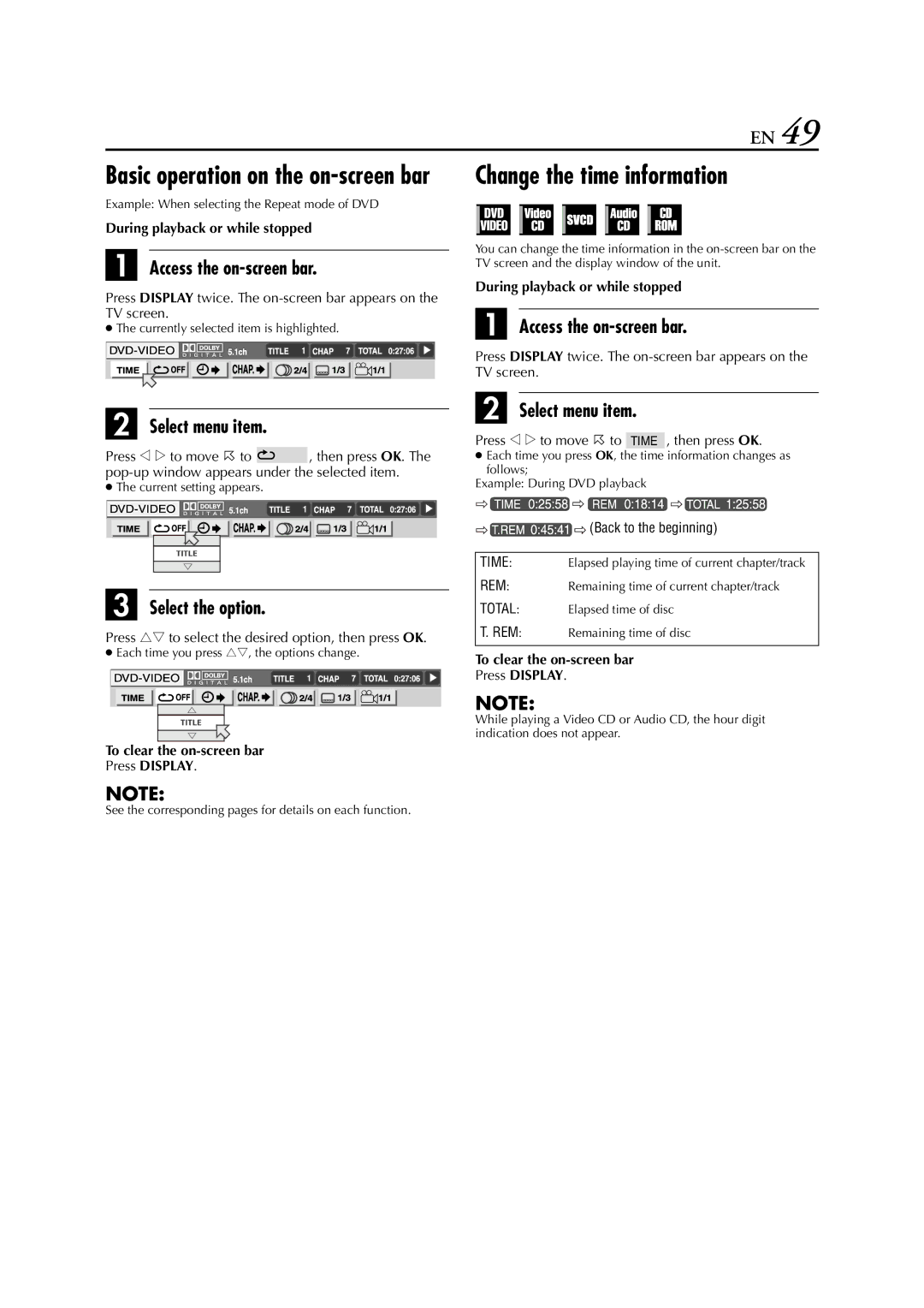 JVC HR-XVS20AA, LPT0762-001B Change the time information, Access the on-screen bar, Select the option, Select menu item 