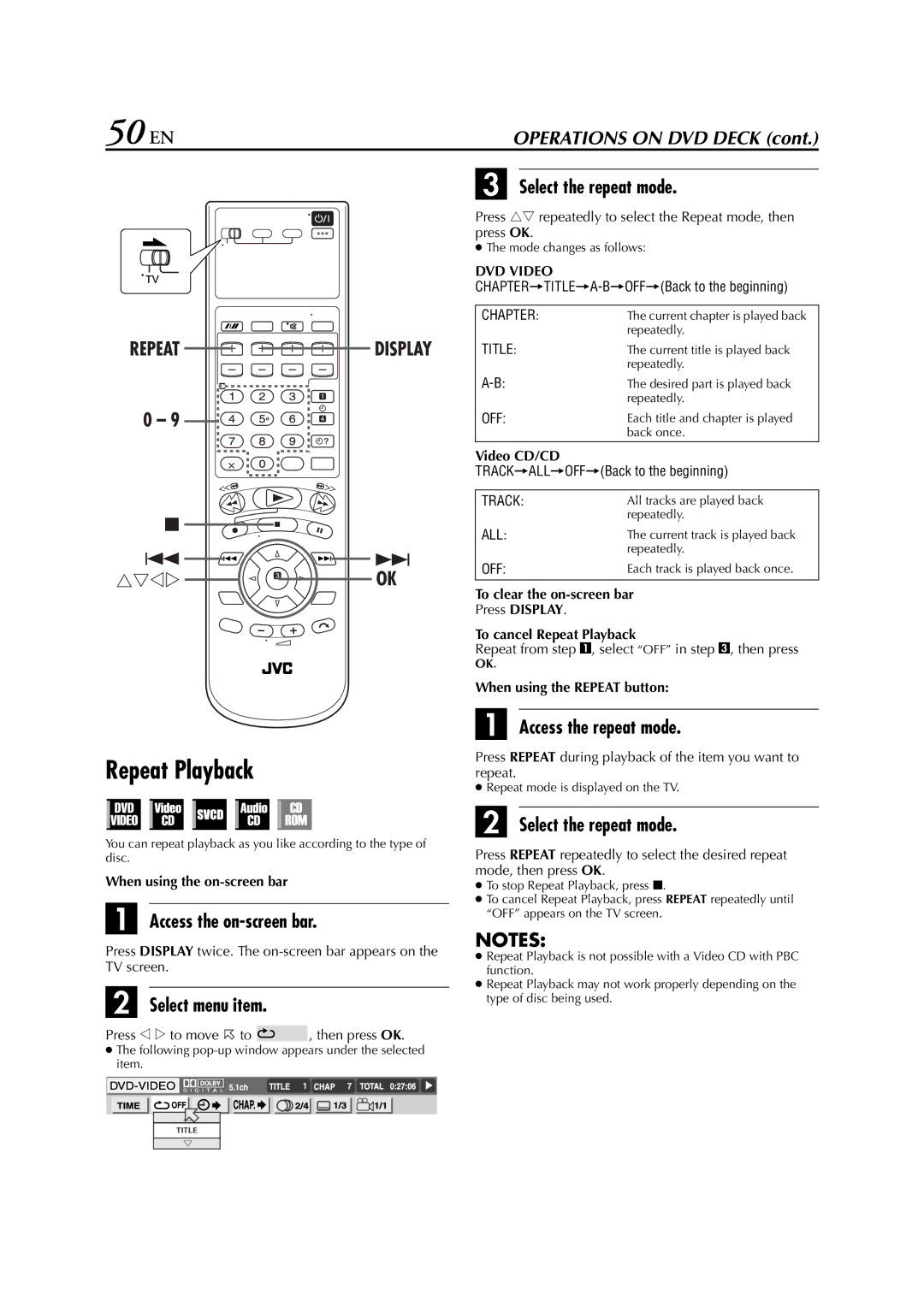 JVC LPT0762-001B, HR-XVS20AA manual 50 EN, Select the repeat mode, Access the repeat mode 