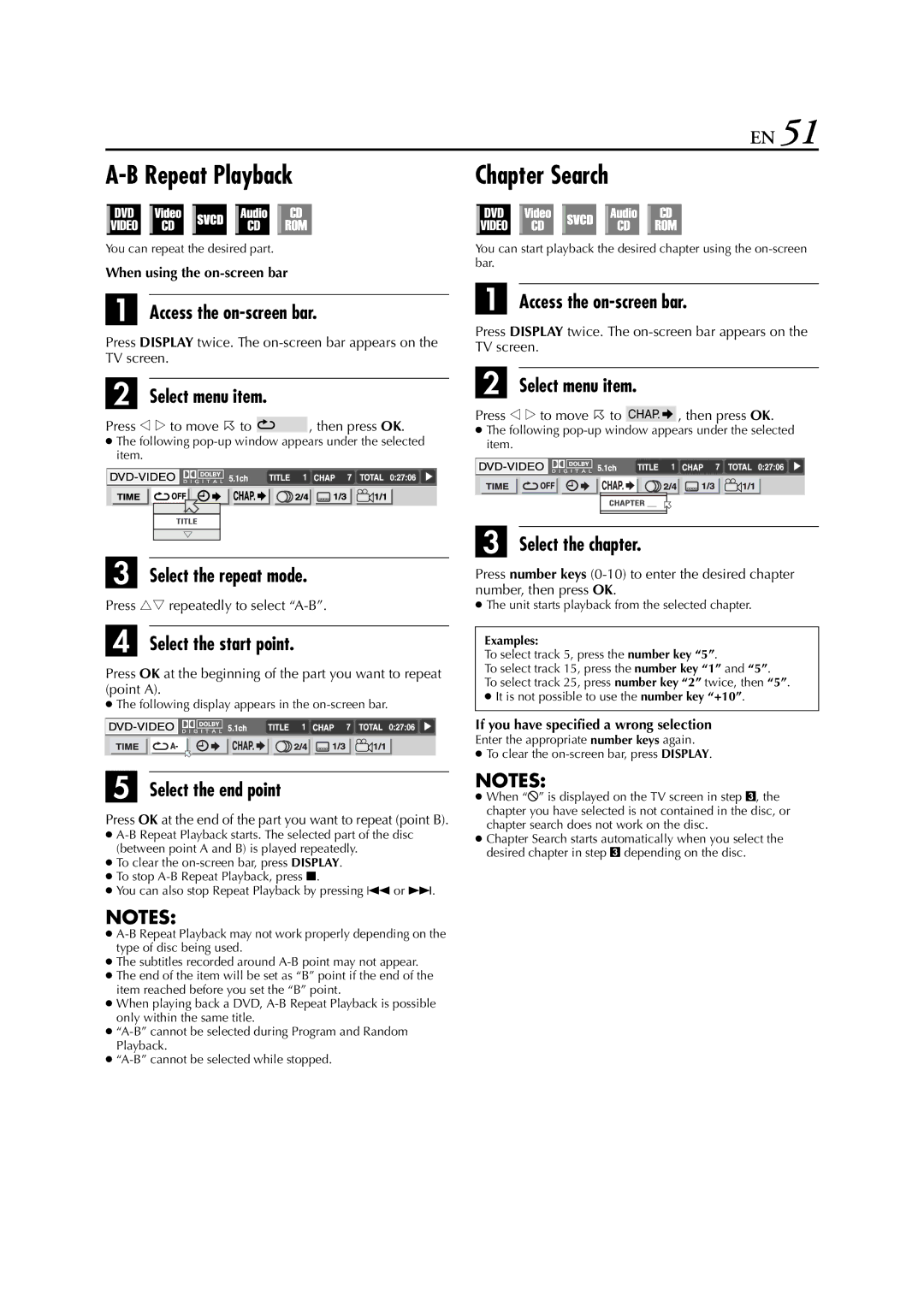 JVC HR-XVS20AA Chapter Search, Select the repeat mode Select the chapter, Select the start point, Select the end point 