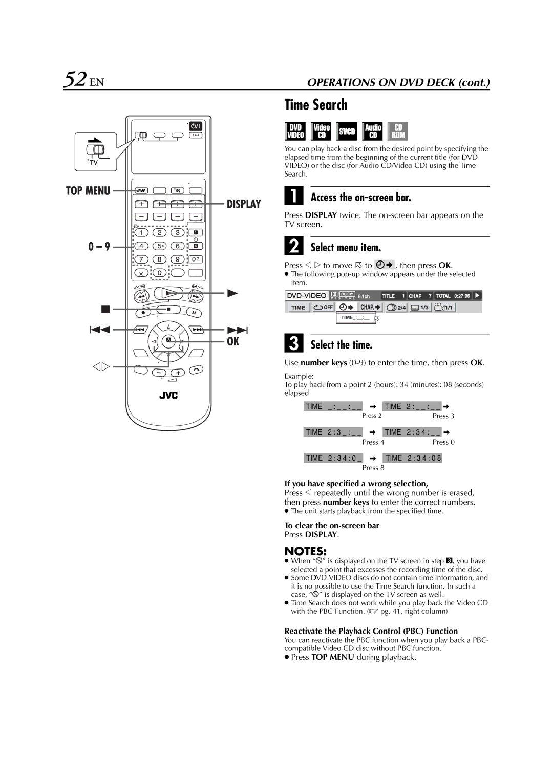 JVC LPT0762-001B, HR-XVS20AA manual 52 EN, Time Search, Select the time, Reactivate the Playback Control PBC Function 