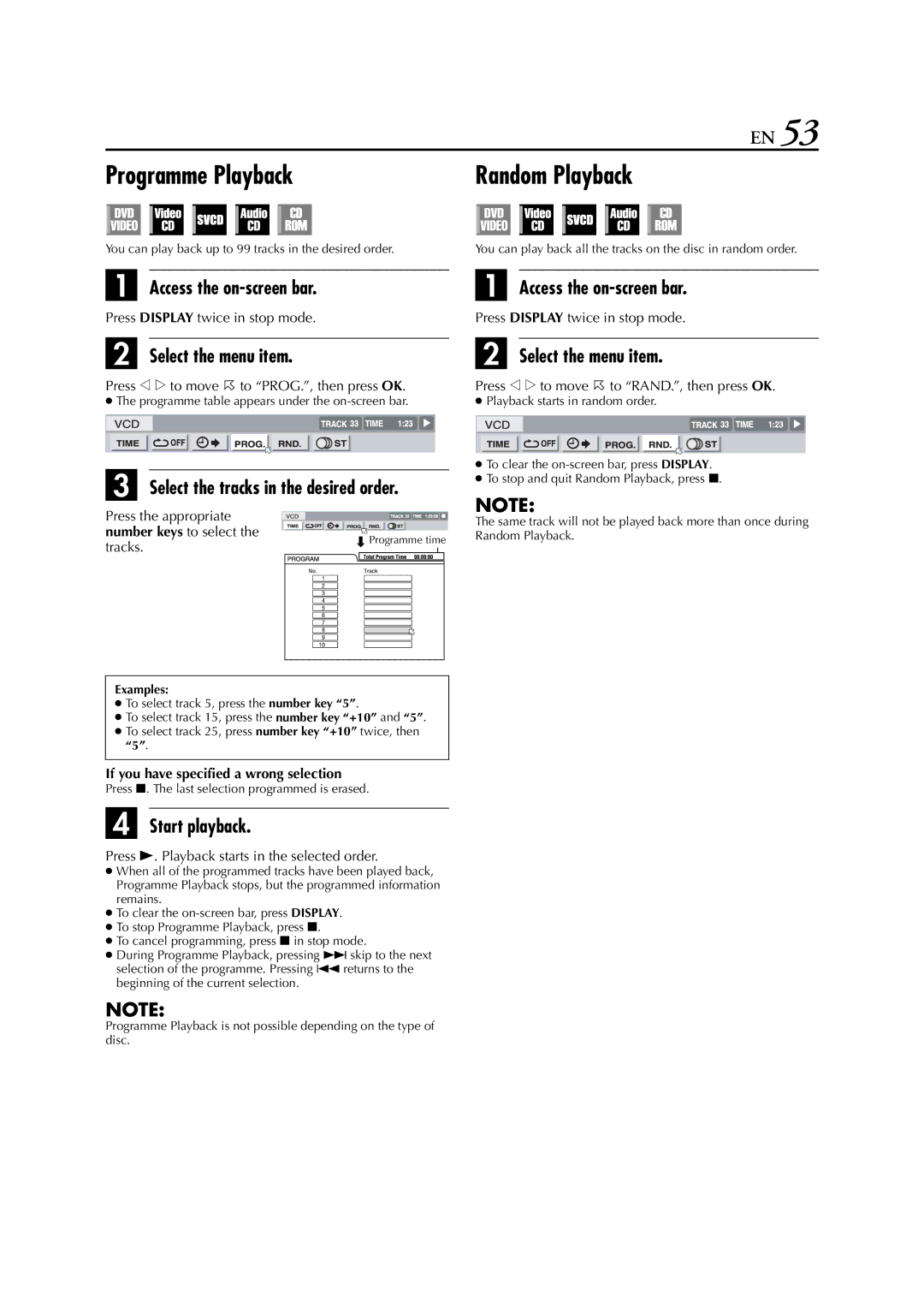 JVC HR-XVS20AA manual Programme Playback, Random Playback, Select the menu item, Select the tracks in the desired order 